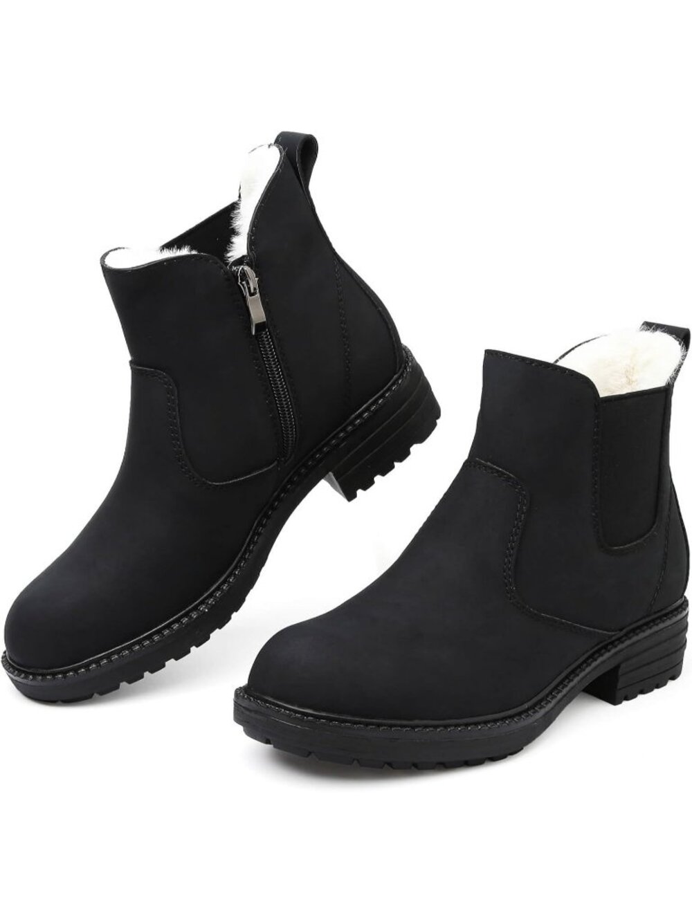 Women's Black Chelsea Boots Waterproof Fur Lined Ankle Side Zipper Warm Boots